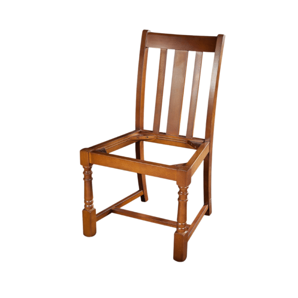 A wooden chair featuring a traditional design, lacking a seat, showcasing its frame and structure.
