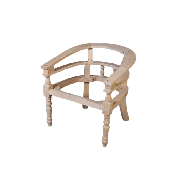 A partially assembled wooden chair frame with a curved back and turned legs.