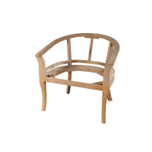 Unfinished wooden chair frame showcasing a modern design with curved arms and legs
