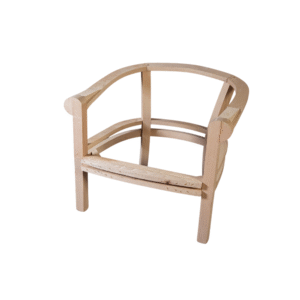 A minimalist unfinished wooden chair with a modern design, showcasing its curved arms and open structure.