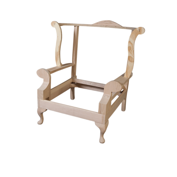 An unfinished wooden chair frame with an elegant design, showcasing the armrests and legs ready for customization.