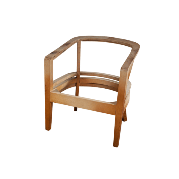 A minimalist wooden chair with a sleek, open design showcasing clean lines and a natural finish.