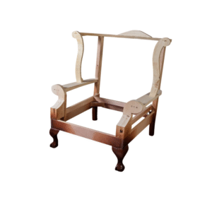 An unfinished wooden chair frame showcasing the structure and design details.