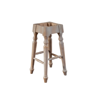 A rustic wooden stool featuring a square seat and turned legs, perfect for home decor.