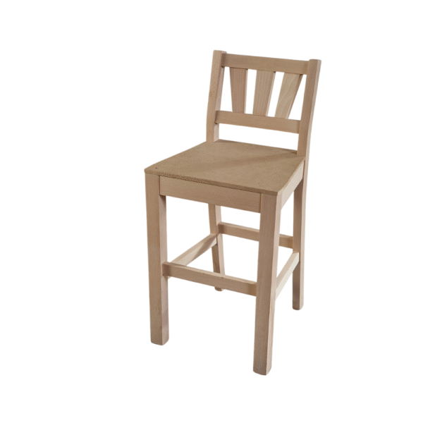 A simple wooden bar stool featuring a backrest, suitable for kitchen or dining areas.