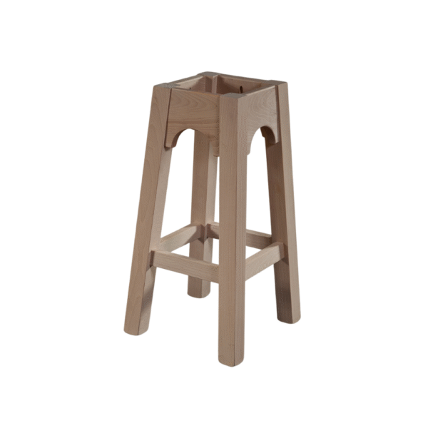 A minimalist wooden bar stool with a natural finish, showcasing its elegant design and sturdy construction.