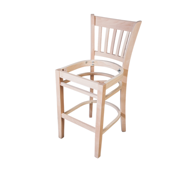 Unfinished wooden bar stool frame without a seat, showcasing its structure and design