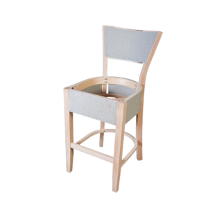 Unfinished wooden chair frame with a gray backrest and open seat design