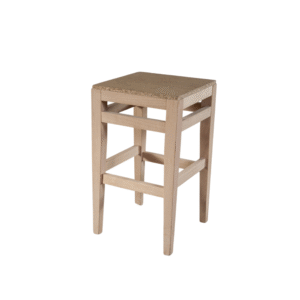 Simple wooden stool featuring a natural straw seat, ideal for casual dining or kitchen use.