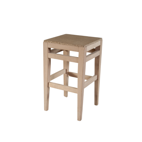 Simple wooden stool featuring a natural straw seat, ideal for casual dining or kitchen use.