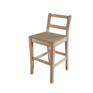 A minimalist wooden bar stool featuring a simple design with a flat seat and a slatted backrest.