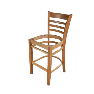 A wooden bar stool frame with a classic slatted design and no seat.