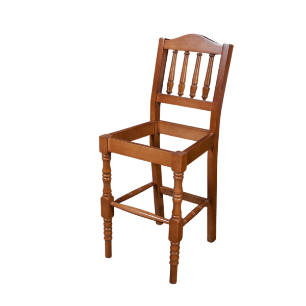A stylish wooden high chair with a classic design, featuring vertical slats and a sturdy frame.
