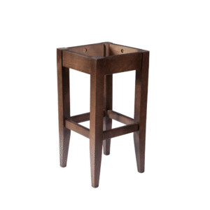 A stylish wooden plant stand with a square top and four angled legs, ideal for displaying indoor plants or decor.