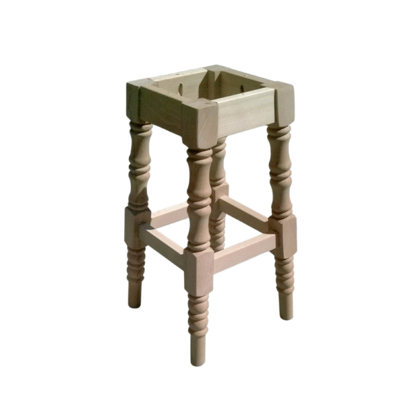Unfinished wooden stool featuring ornate turned legs and a square top, ideal for various decorative applications.