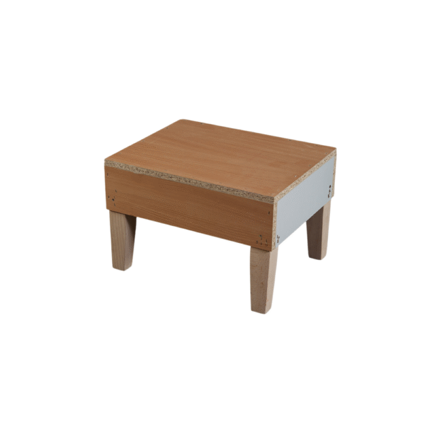 A small, sturdy wooden stool with a natural wood finish and light gray accent, designed for children
