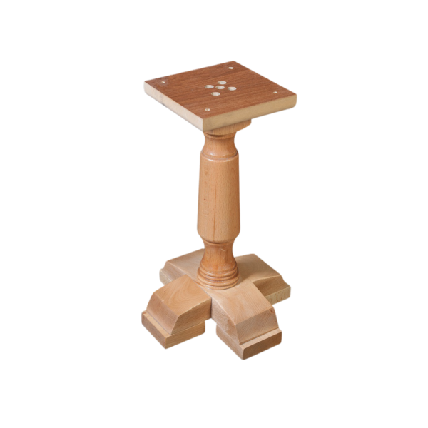 A wooden support stand with a square top and decorative base, designed for stability and aesthetic appeal.
