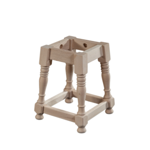 A handcrafted wooden furniture frame stand with a square base and decorative legs.