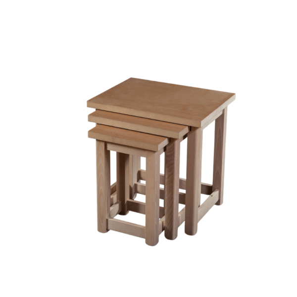 Set of three modern wooden nesting tables with a minimalist design.