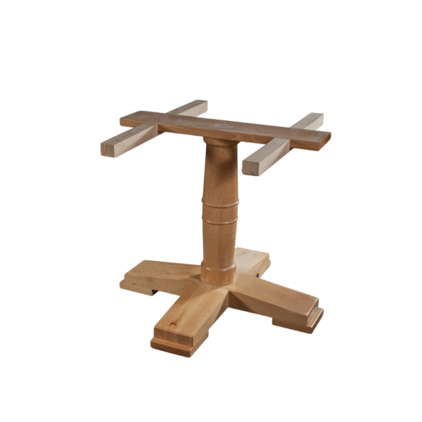 A wooden table base featuring a unique cross design, perfect for crafting custom tables.