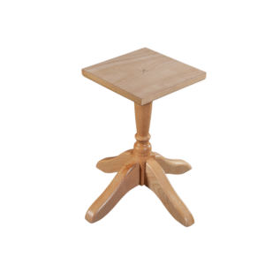 A wooden side table featuring a square top and a four-legged base, showcasing a minimalist design.