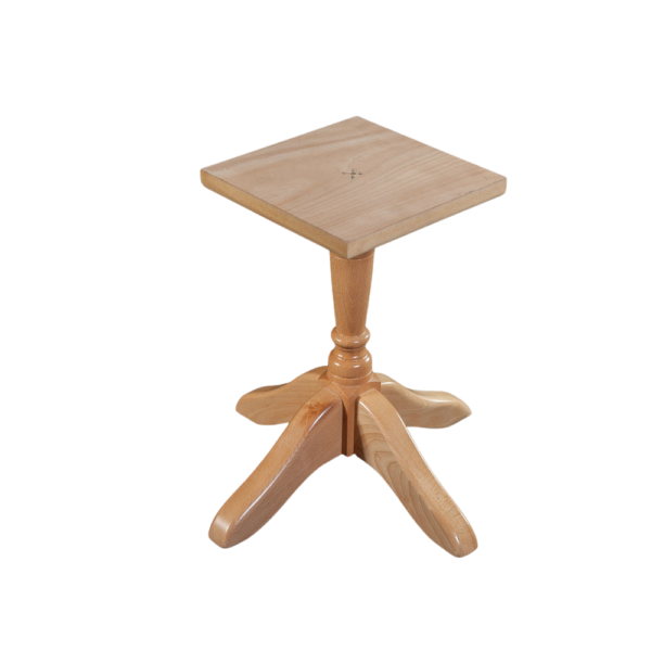 A wooden side table featuring a square top and a four-legged base, showcasing a minimalist design.