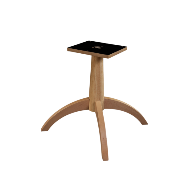A stylish wooden cafe table featuring a black tabletop and a unique curved base design.