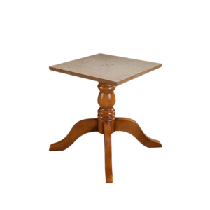 A stylish wooden side table featuring a square top and a rounded pedestal base.