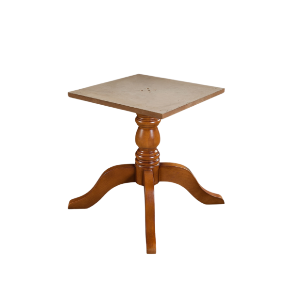 A stylish wooden side table featuring a square top and a rounded pedestal base.