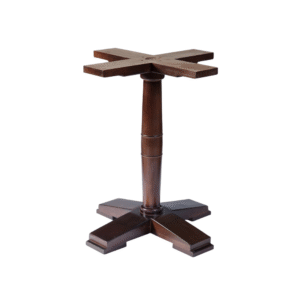 A stylish wooden table base featuring a cross-pattern on the top and a sturdy, classic design.