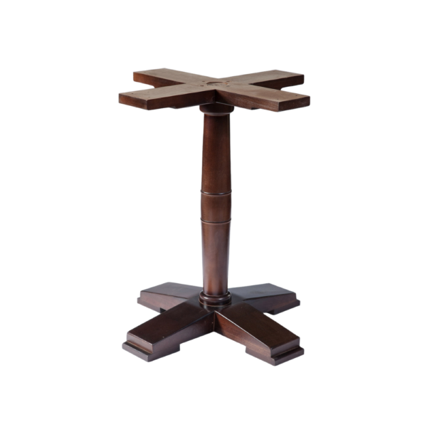 A stylish wooden table base featuring a cross-pattern on the top and a sturdy, classic design.