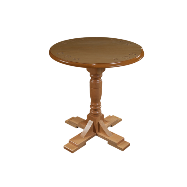 A round wooden dining table featuring a sturdy pedestal base and a polished finish, ideal for small spaces.