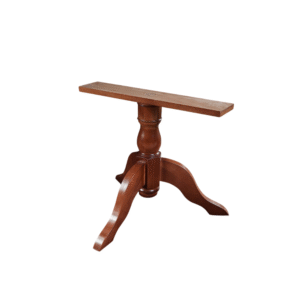 A classic wooden table base with a decorative design and tripod legs.