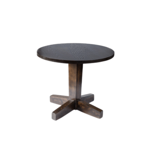 Dark wood round side table with a dotted design on the top and a sturdy four-legged base.
