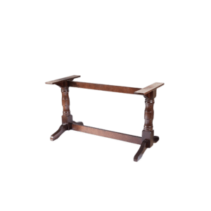 A rustic wooden table base featuring turned legs and a sturdy design.