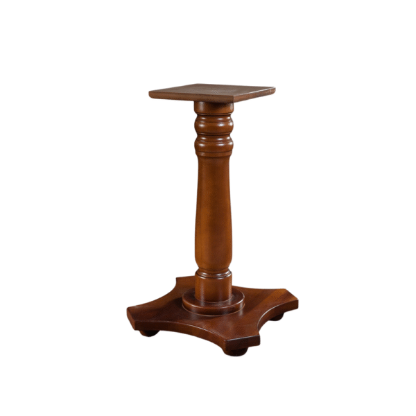 A stylish wooden pedestal stand with a square top and a classic design, perfect for decorations or displaying items.