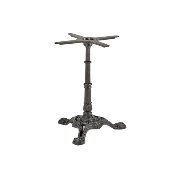 A decorative cast iron table base featuring a stylish design, ideal for supporting various tabletop styles.