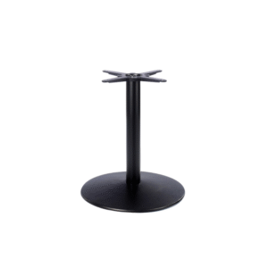 Sturdy black metal table base with a round bottom and four-pronged top for attaching table surfaces.