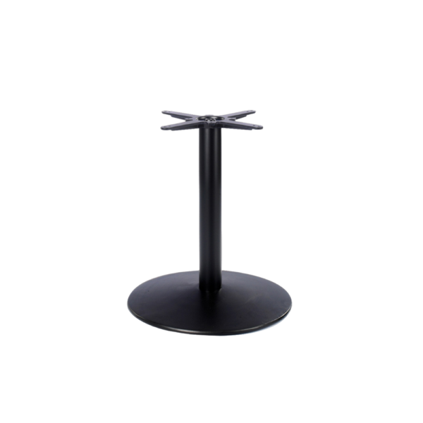 Sturdy black metal table base with a round bottom and four-pronged top for attaching table surfaces.