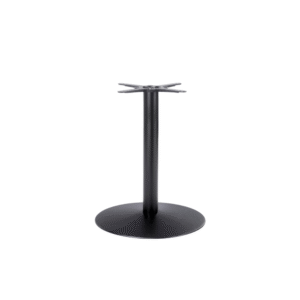 A sleek black table base with a round base and a sturdy vertical pole, ideal for various table designs.