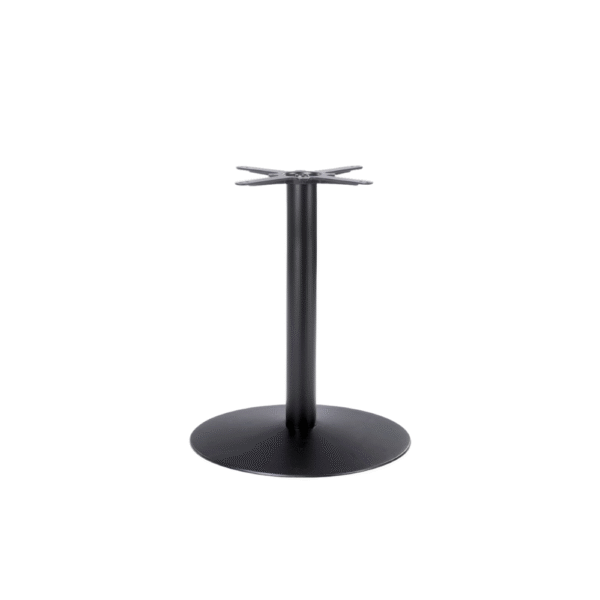 A sleek black table base with a round base and a sturdy vertical pole, ideal for various table designs.