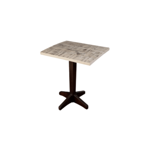Contemporary square dining table featuring a textured surface and a sturdy wooden pedestal base.