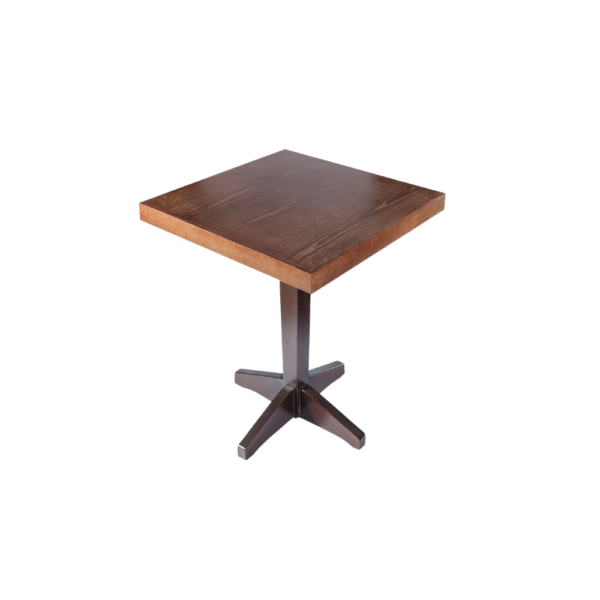 A square wooden table featuring a sturdy metal base, ideal for dining or office spaces.
