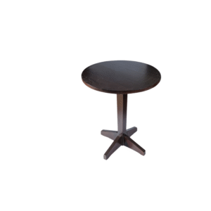 A simple and modern round wooden side table featuring a sturdy four-legged base.