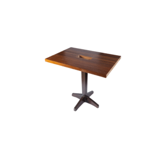 A contemporary wooden table featuring a sleek square top and a cross-shaped base, ideal for dining or working purposes.