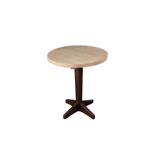 A sleek modern round wooden table with a light wood top and dark wooden base, perfect for dining or decorative use.