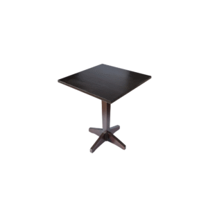 A modern square table made of dark wood, featuring a stylish cross-shaped base for stability.