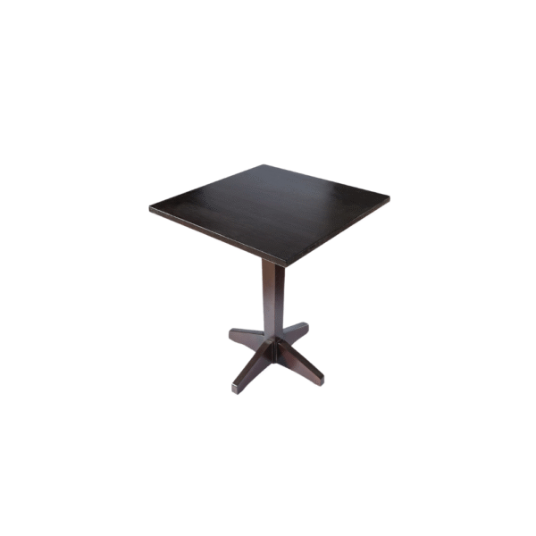 A modern square table made of dark wood, featuring a stylish cross-shaped base for stability.