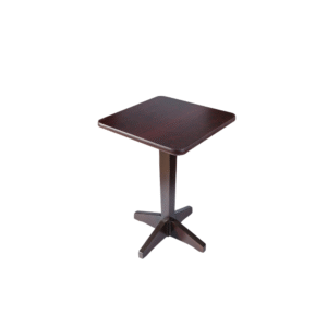 A sleek dark wooden square table with a sturdy cross base, perfect for dining or workspace.