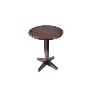 A sleek round wooden side table with a simple design and a sturdy cross base